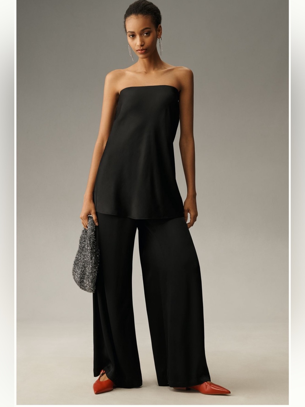 By Anthropologie Silky Tube-Top Blouse(XS) & Matching Pants(S Tall)